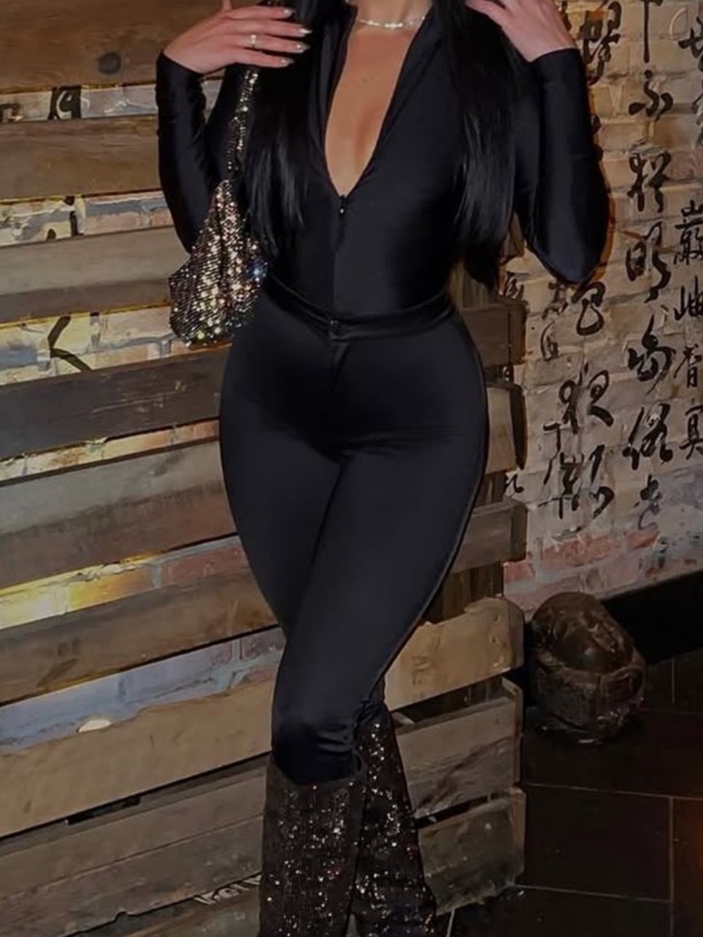 SKIMS Black Long-Sleeve Zip-Front Jumpsuit